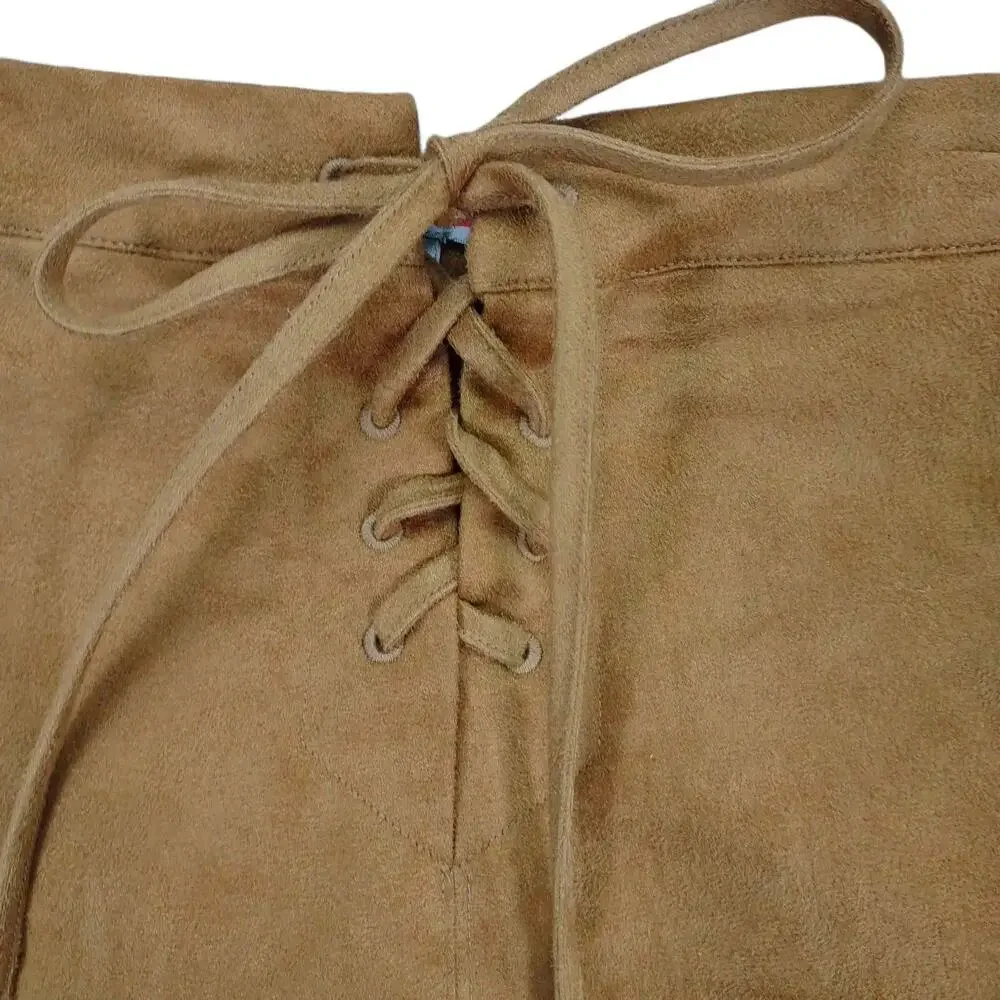 Lauren Conrad Sz‎ 2 Lace-Up Tie Front Tan Faux Suede Mini Skirt Pockets Peasant
